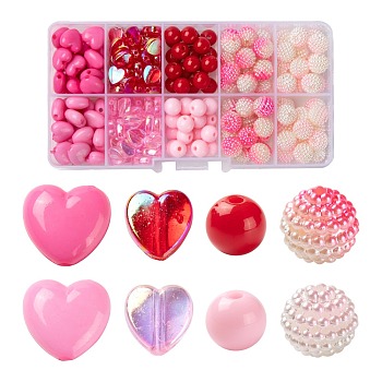 206Pcs 8 Style Acrylic Beads Sets, Including Opaque & Transparent & Imitation Pearl Acrylic Beads, Berry Beads, Combined Beads, Round & Heart, Mixed Color, 8~10x8~11x3~10mm, Hole: 1~2mm
