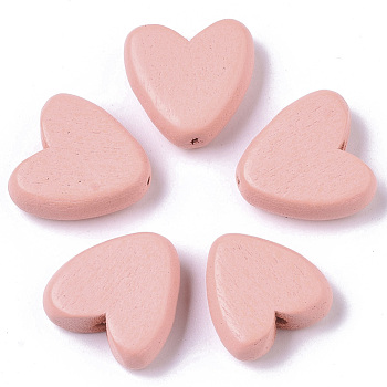 Painted Natural Wood Beads, Heart, Pink, 15.5x15.5x6mm, Hole: 1.5mm