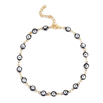 304 Stainless Steel Anklets, with Enamel and Lobster Claw Clasps, Evil Eye, Black, Golden, 9-5/8 inch(24.5cm).