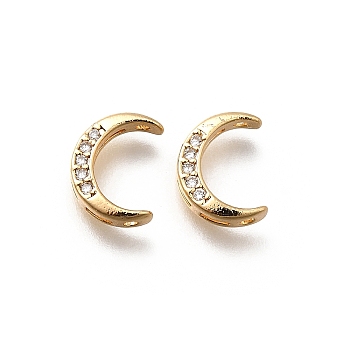 Brass Micro Pave Clear Cubic Zirconia Links Connector Charms, Cadmium Free & Nickel Free & Lead Free, Crescent Moon, Real 18K Gold Plated, 10.5x8x3mm, Hole: 1mm