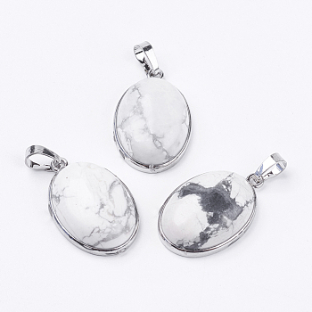 Natural Howlite Pendants, with Brass Findings, Oval, Platinum, Cadmium Free & Lead Free, 31x20x7.5mm, Hole: 5x8mm