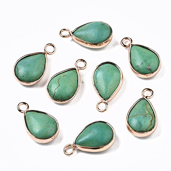 Synthetic Turquoise Pendants, with Light Gold Plated Brass Edge, Teardrop, Dyed, Green, 18~19x10.5x5mm, Hole: 2mm