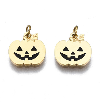 316 Surgical Stainless Steel Enamel Charms, with Jump Rings, for Halloween, Pumpkin, Real 14K Gold Plated, 10x10x1mm, Jump Ring: 3.4x0.5mm, 2.4mm inner diameter