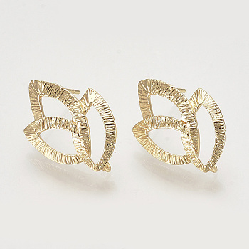 Brass Ear Stud Findings, with Loop, Leaf, Nickel Free, Real 18K Gold Plated, 22x14.5mm, Hole: 2mm, Pin: 0.8mm