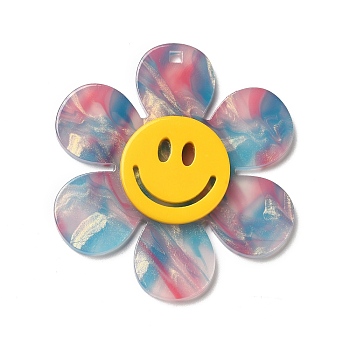 Two Tone Acrylic Big Pendants, Flower with Smiling Face, Deep Sky Blue, 55x50x4.5mm, Hole: 1.8mm