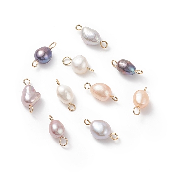 Potato Natural Cultured Freshwater Pearl Connector Charms, with 304 Stainless Steel Double Loops, Mixed Dyed and Undyed, Mixed Color, 15~17x7~8.5x5.5~7mm, Hole: 2mm
