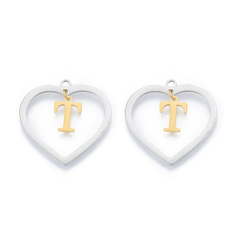 201 Stainless Steel Pendants, Hollow, Heart with Letter A~Z, Real Gold Plated & Stainless Steel Color, Letter.T, 29x29.5x1mm, Hole: 2mm, A~Z: 12x8~10.5x1mm