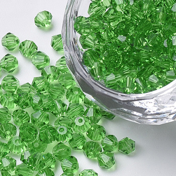 Imitation 5301 Bicone Beads, Transparent Glass Faceted Beads, Lime Green, 4x3mm, Hole: 1mm, about 720pcs/bag