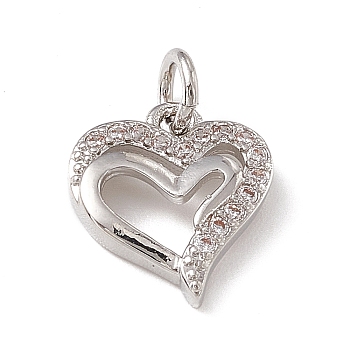Brass Micro Pave Clear Cubic Zirconia Charms, with Open Jump Rings, Hollow Heart, Platinum, 11.5x10.5x2mm, Hole: 2.7mm