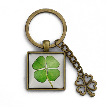 Luminous Alloy Glass Keychain, with Key Rings, Square with Clover, Antique Bronze, 2.8x2.8cm, Ring: 30mm