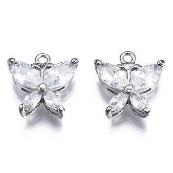 Brass Inlaid Clear Cubic Zirconia Charms, Butterfly, Platinum, 13.5x13x4mm, Hole: 1.4mm