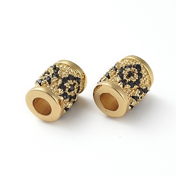 Brass Micro Pave Cubic Zirconia Beads, Column, Black, Golden, 7.5x6mm, Hole: 2.5mm