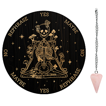 AHADEMAKER Divination Sets, including 1Pc PVC Plastic Pendulum Board, 1Pc 304 Stainless Steel Cable Chain Necklaces, 1Pc Natural Rose Quartz Stone Pendants, Skull Pattern, Board: 200x4mm