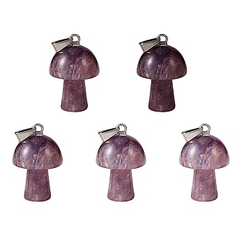 5Pcs Natural Natural Amethyst Pendants, with Stainless Steel Loops, Platinum, Mushroom Shaped, 24x16mm, Hole: 5mm