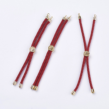 Nylon Twisted Cord Bracelet Making, Slider Bracelet Making, with Brass Findings, Cadmium Free & Lead Free, Long-Lasting Plated, Tree of Life, Red, Real 18K Gold Plated, 210~220x2mm, Hole: 2mm