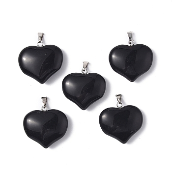 Natural Obsidian Pendants, Heart Charms, with Platinum Tone Brass Findings, 23.5x25x8.5mm, Hole: 5x3.5mm
