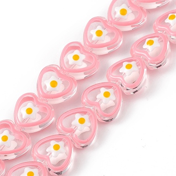 Handmade Lampwork Beads Strands, with Enamel, Heart with Flower Pattern, Pink, 12x12.5x7mm, Hole: 1mm, about 30pcs/strand, 13.39 inch(34cm)