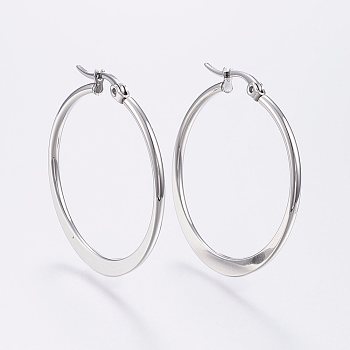 304 Stainless Steel Hoop Earrings, Hypoallergenic Earrings, Flat Ring Shape, Stainless Steel Color, 34~36mm, Pin: 0.7x1mm
