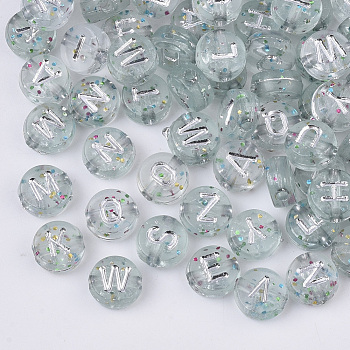 Plating Transparent Acrylic Beads, with Glitter Powder, Metal Enlaced, Horizontal Hole, Flat Round with Letter, Silver Plated, 7x4mm, Hole: 1.5mm, about 3540pcs/500g