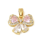 Brass Micro Pave Cubic Zirconia Charms, Bowknot Charms, Golden, Pink, 11.5x14x4.5mm, Hole: 4x2mm(KK-E804-01G-A)