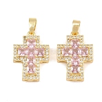 Easter Brass Pink Cubic Zirconia Pendants, Cross Charms, Real 18K Gold Plated, 18.5x13x5mm, Hole: 4x2mm(KK-E800-10G)