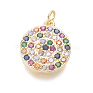 Brass Micro Pave Cubic Zirconia Charms, with Jump Rings, Flat Round, Colorful, Golden, 14x12x2mm, Hole: 2.5mm(ZIRC-I032-55G)
