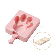 Ice Cream Food Grade Silicone Molds, For DIY Ice-Lolly, with Wooden Sticks, Bears Paw Prints, Pink, 147x95x23.5mm, Stick: 92.5x9.5x1.5mm, 20pcs/set(DIY-L025-003)