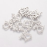 Mother's Day 201 Stainless Steel Charms, Laser Cut, Word I Love Mom, Stainless Steel Color, 13.5x13x1mm, Hole: 1.5mm(STAS-S105-T121)