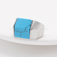 Rectangle Synthetic Turquoise Finger Ring, Stainless Steel Color Titanium Steel Jewelry, Stainless Steel Color, Inner Diameter: 17.4mm(FIND-PW0021-08A-P)