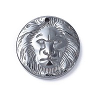 Synthetic Non-Magnetic  Hematite Pendants, Flat Round with Lion, Original Color, 25.5x5mm, Hole: 1.6mm(G-F624-22)