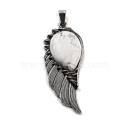 Natural Howlite Big Pendants, Wing Charms with Alloy Findings, Antique Silver, 56.5~57x22.5~23x7~8mm, Hole: 4x8.5mm(G-G112-02AS-09)