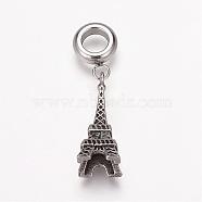 304 Stainless Steel European Dangle Charms, Large Hole Pendants, Eiffel Tower, Antique Silver, 31mm, Hole: 5mm, Pendant: 21x7x7mm(OPDL-K001-27AS)