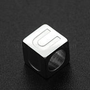 201 Stainless Steel European Beads, Large Hole Beads, Horizontal Hole, Cube, Stainless Steel Color, Letter.U, 7x7x7mm, Hole: 5mm(STAS-N090-LA062-U)