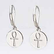 304 Stainless Steel Dangle Earrings, with Brass Leverback Earring Findings, Flat Round with Ankh Cross, Platinum & Stainless Steel Color, 29mm, Pin: 0.5mm, Charm: 14x12x1mm(EJEW-JE02783-02)