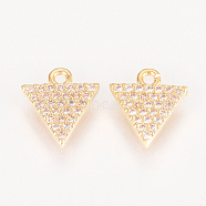 Brass Micro Pave Cubic Zirconia Charms, Triangle, Clear, Nickel Free, Real 18K Gold Plated, 10x9x2mm, Hole: 1mm(X-ZIRC-Q002-137G)