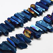 Electroplated Natural Quartz Crystal Beads Strands, Nuggets, Tusk Shape, Blue Plated, Dyed, Blue, 7~15x18~60mm, Hole: 1mm, about 46pcs/strand, 16 inch(G-A142-03O)