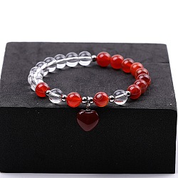 Round Natural Carnelian & Quartz Crystal Beaded Stretch Bracelets, Heart Charm Bracelets for Women(XW2849-5)