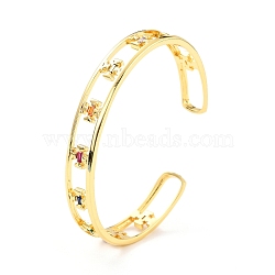 Cross Hollow Carved Cubic Zirconia Cuff Bangle, Real 18K Gold Plated Brass Flat Open Bangle for Women, Cadmium Free & Lead Free, Colorful, Inner Diameter: 2-3/8 inch(5.9cm)(BJEW-D448-12G-RS)