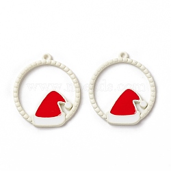 Christmas Theme Spray Painted Alloy Enamel Pendants, Ring with Christmas Hat, White, 25x22x2mm, Hole: 1.2mm(FIND-E022-03)