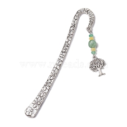 Natural Malaysia Jade & Green Aventurine Beaded Pendant Bookmarks with Alloy Tree of Life, Flower Pattern Hook Bookmarks, Antique Silver, 123.5x21x2.5mm, Pendant: 46x16.5x5(AJEW-JK00255-01)