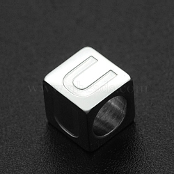 Non-Tarnish 201 Stainless Steel European Beads, Large Hole Beads, Horizontal Hole, Cube, Stainless Steel Color, Letter.U, 7x7x7mm, Hole: 5mm(STAS-N090-LA062-U)