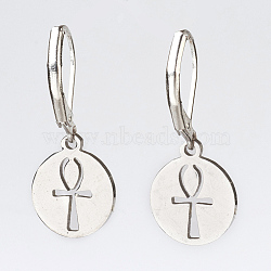 304 Stainless Steel Dangle Earrings, with Brass Leverback Earring Findings, Flat Round with Ankh Cross, Platinum & Stainless Steel Color, 29mm, Pin: 0.5mm, Charm: 14x12x1mm(EJEW-JE02783-02)