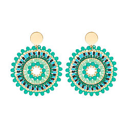 Glass Seed Braided Flat Round Dangle Earrings for Women, with Stainless Steel Ear Studs, Bohemian Style, Medium Turquoise, 62x50mm(FIND-PW0024-18)