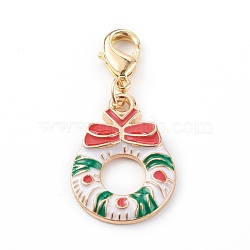 Christmas Themed Alloy Enamel Pendants, with Brass Lobster Claw Clasps, Christmas Wreath, Colorful, 37mm(HJEW-JM00457-05)