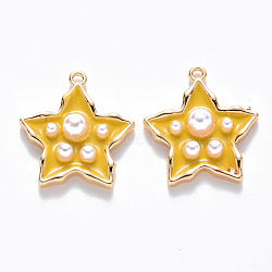 Brass Enamel Pendants, with ABS Plastic Imitation Pearl, Nickel Free, Star, Real 18K Gold Plated, Yellow, 15.5x14.5x4mm, Hole: 1mm(KK-T049-056G-05-NF)