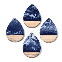 Opaque Resin & Walnut Wood Pendants, Two Tone, Teardrop, Blue, 36.5x24.5x3mm, Hole: 2mm(RESI-T035-28-B01)