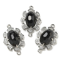 Natural Obsidian Faceted Oval Connector Charms, Rack Plating Brass Micro Pave Clear Cubic Zirconia Flower Links, Platinum, 25.5x16x7mm, Hole: 1.2mm(G-G181-06P-06)