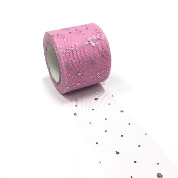 Glitter Sequin Deco Mesh Ribbons, Tulle Fabric, Tulle Roll Spool Fabric For Skirt Making, Flamingo, 2 inch(5cm), about 25yards/roll(22.86m/roll)