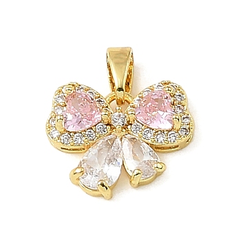 Brass Micro Pave Cubic Zirconia Charms, Bowknot Charms, Golden, Pink, 11.5x14x4.5mm, Hole: 4x2mm