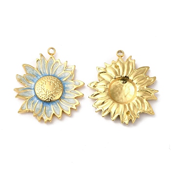 Real 18K Gold Plated 304 Stainless Steel Pendants, with Enamel, Flower Charm, Light Sky Blue, 23.5x20.5x3mm, Hole: 1.4mm